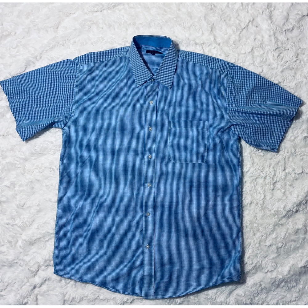 Mens Blue White Gingham Check Short Sleeve Cotton Button Down Shirt L